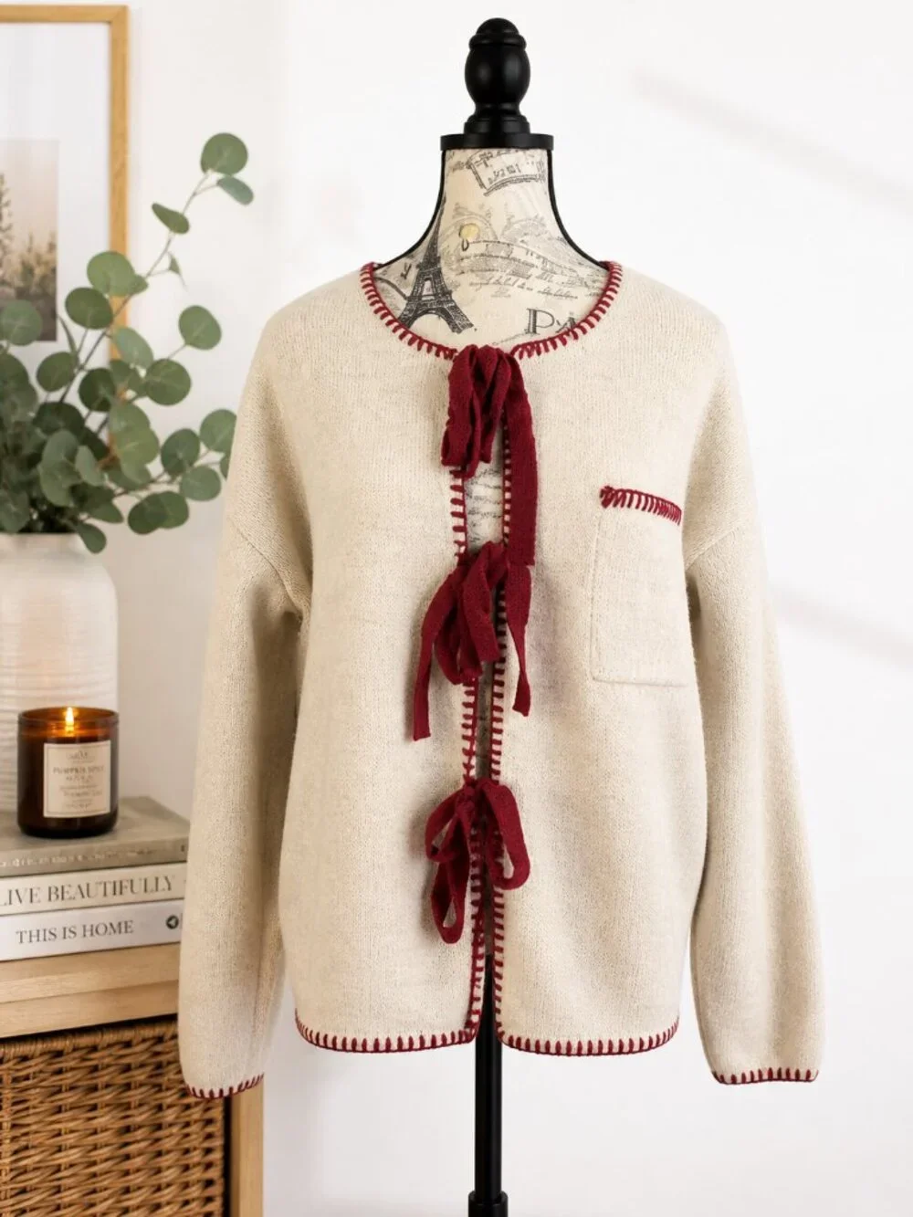Sunday Edition Tie Front Cardigan Women Small Cream Burgundy Trim Cozy Boutique